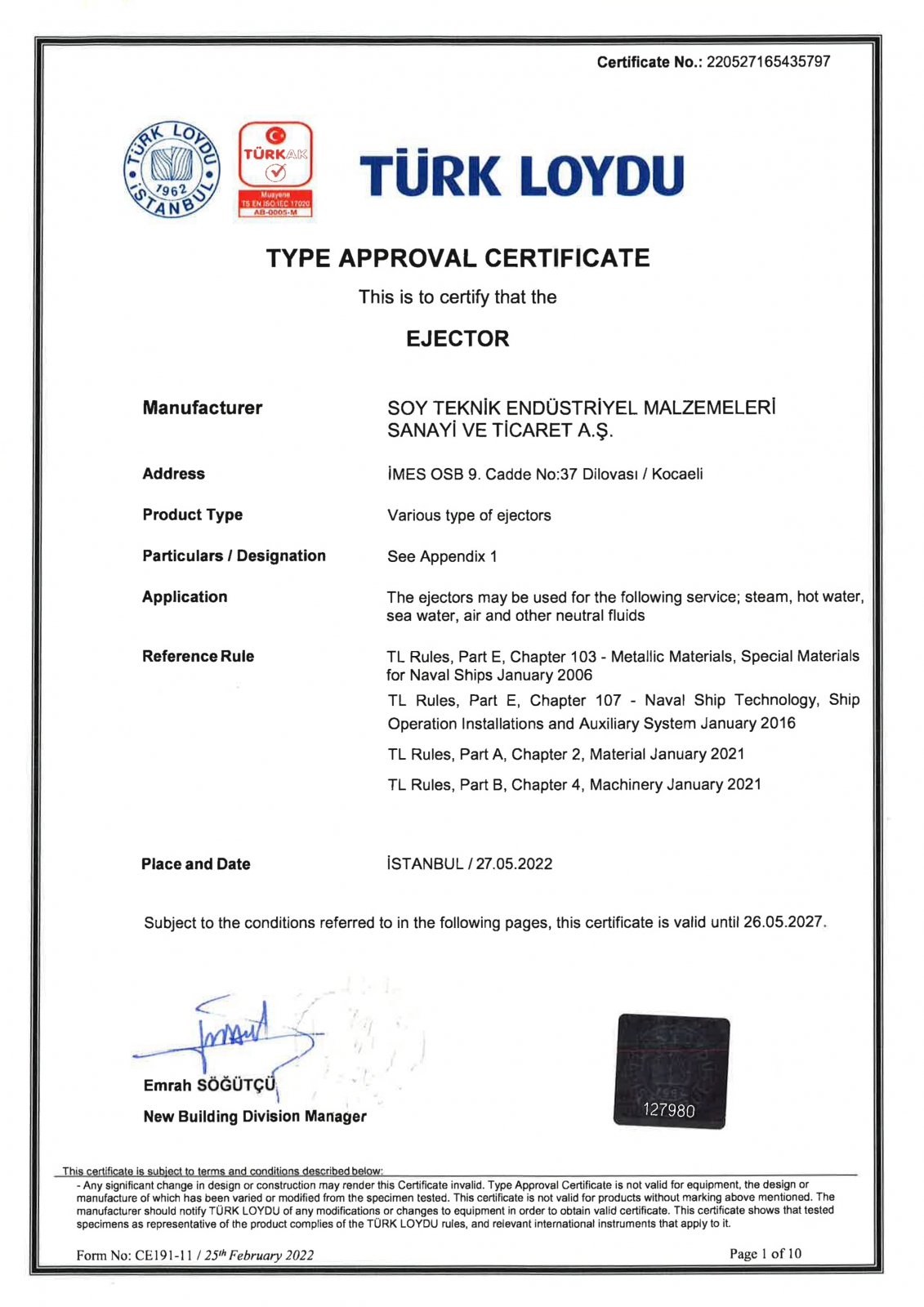 Türk Loydu Type Approval Certificate - Ejector